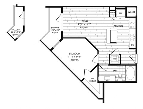 Floor plan for 1 bed, 1 bath, 656 sqft